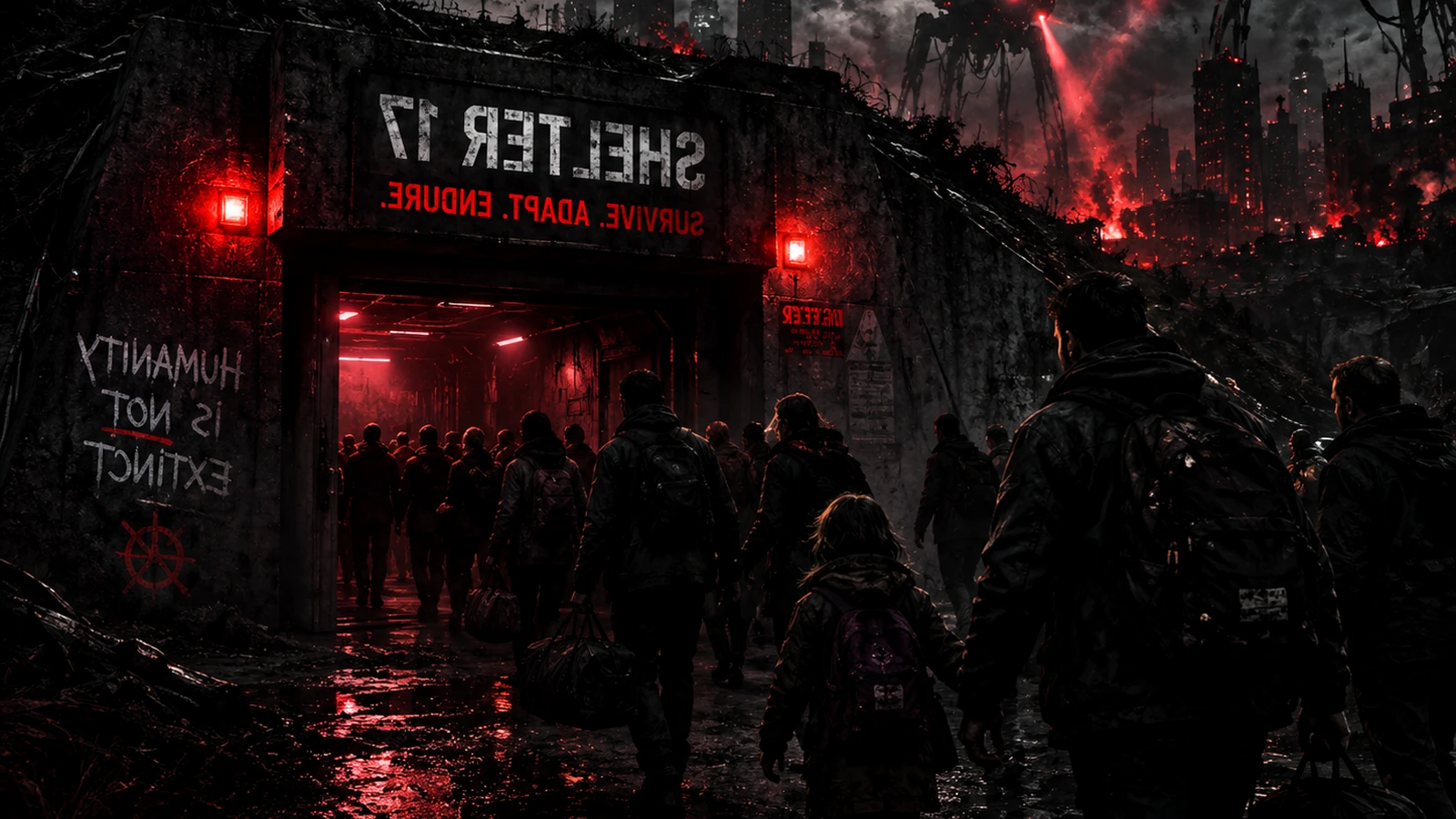 A family carrying backpacks and emergency bags toward shelter through a machine-controlled collapse zone