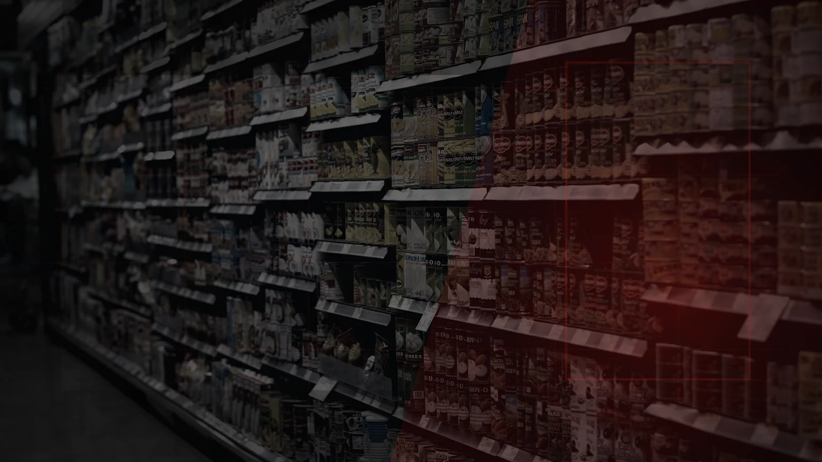 Long supermarket shelves of canned foods representing the scale and variety needed for a ninety-day food reserve