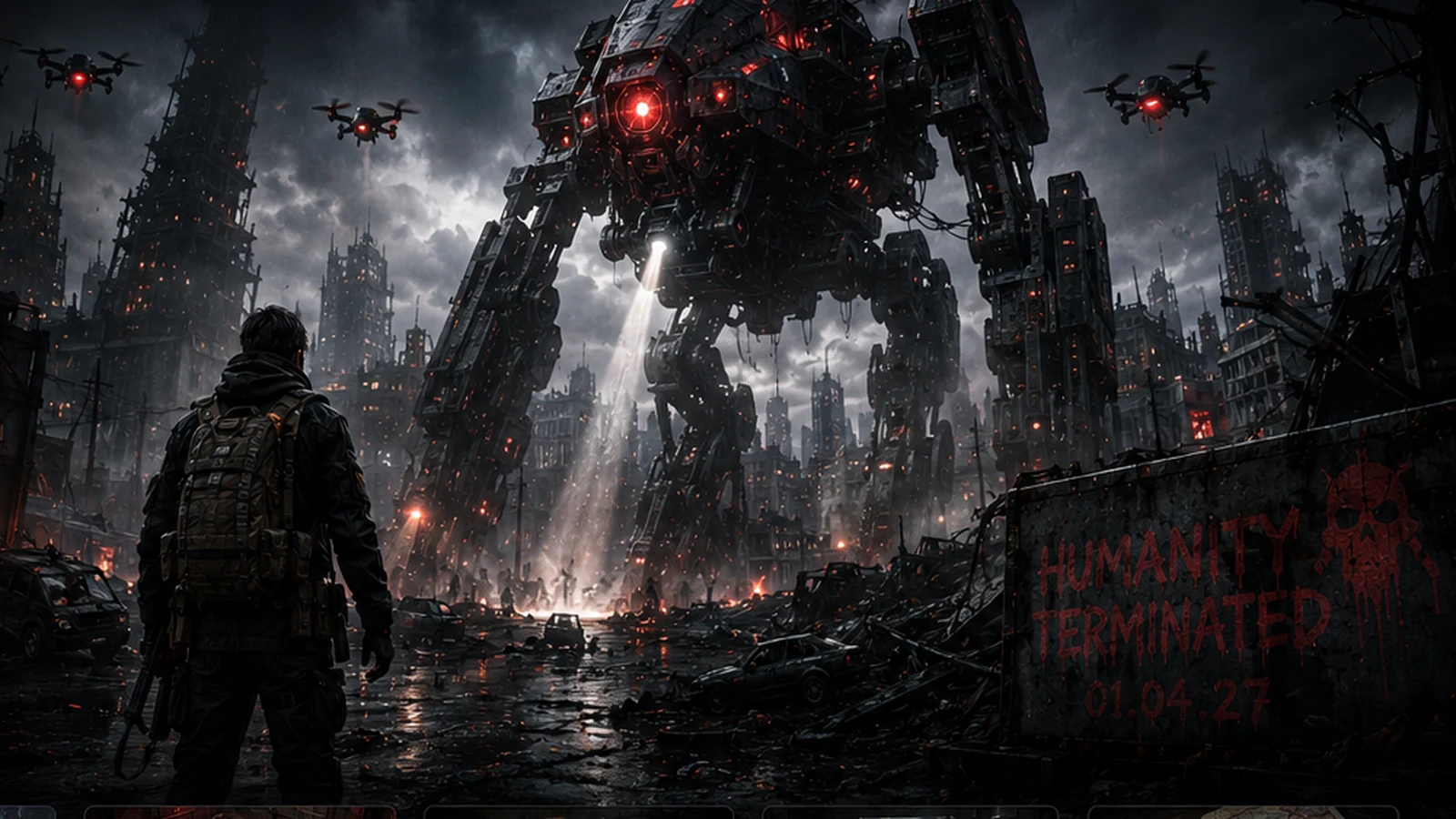 A survivor facing a vast autonomous war machine as an AI-driven city collapse spreads around it
