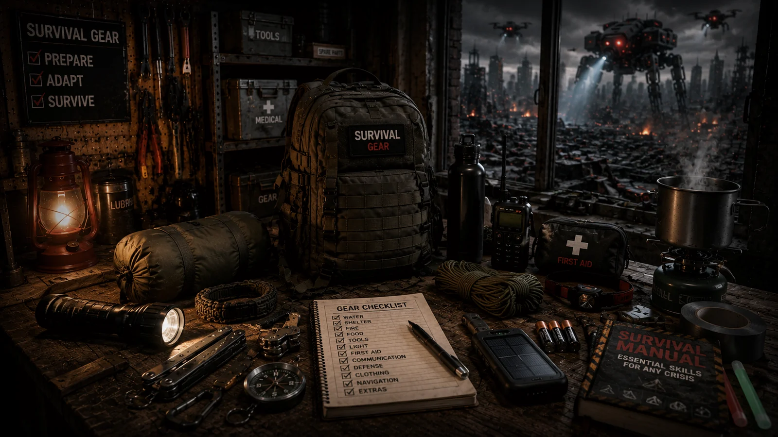 A complete survival loadout of water, food, lighting, first aid, communications and tools facing an AI-machine collapse outside