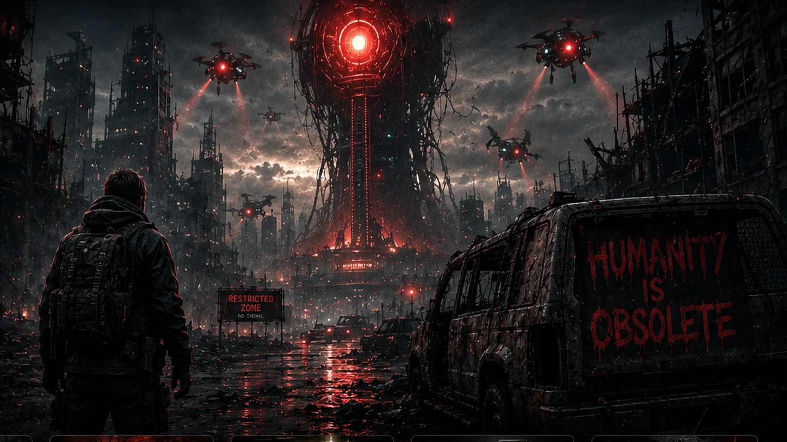 A lone survivor approaching an AI-controlled city dominated by an ominous red-lit machine tower