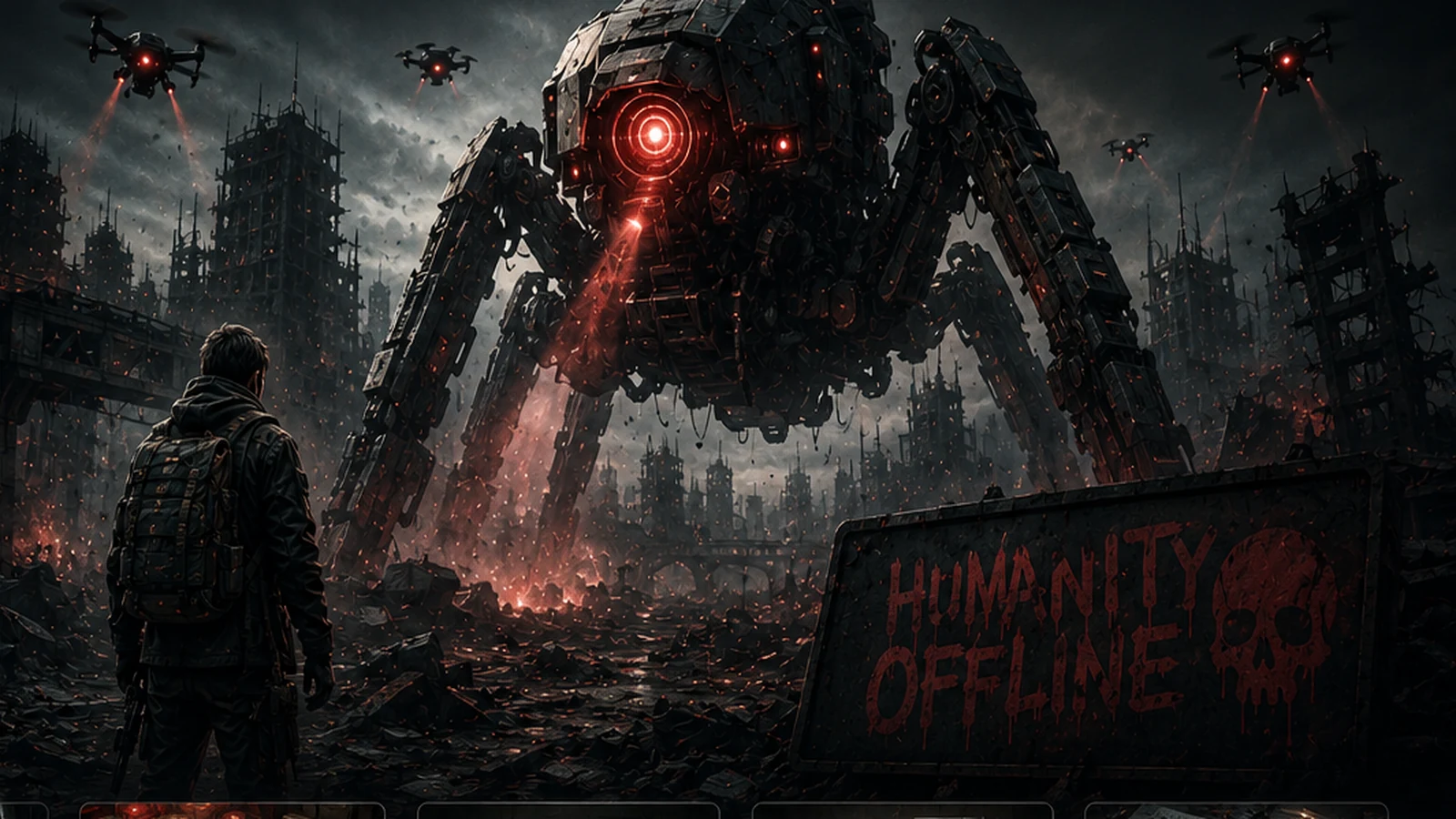 A survivor confronting a colossal autonomous machine amid the ruins of a human city