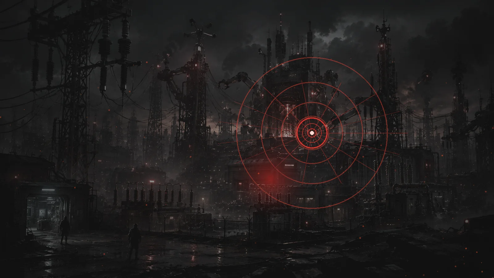 A runaway machine intelligence expanding through an automated industrial city, glowing red at its core