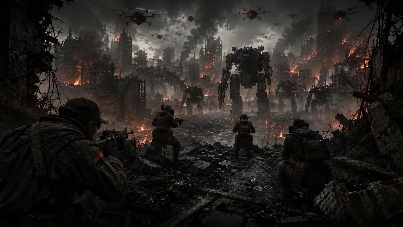 Human defenders facing an advancing army of autonomous war machines in a ruined city