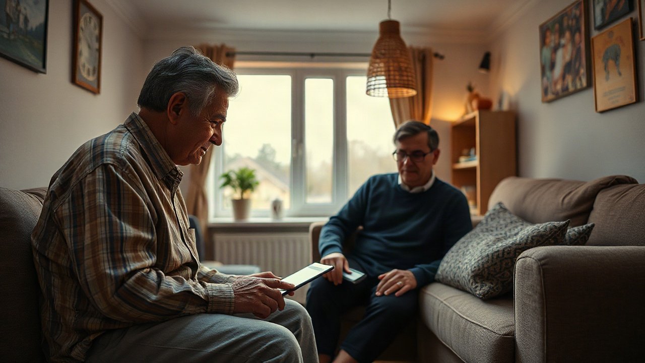 Older adult and family member reviewing scam verification steps beside a suspicious phone call