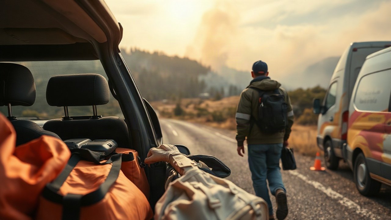 Wildfire evacuation scene with go bags, pets and a planned route away from smoke