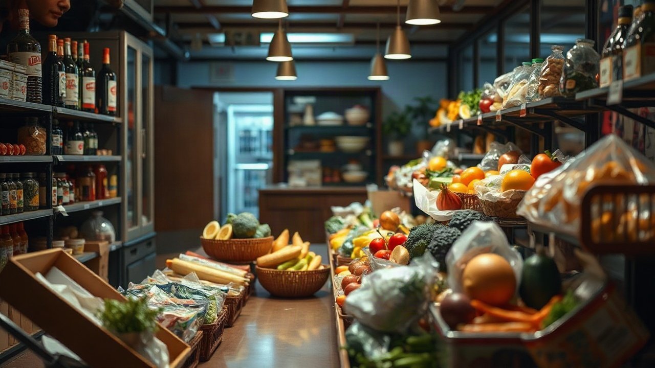 Food supply chain with farms, warehouses, transport and supermarkets linked by AI planning systems