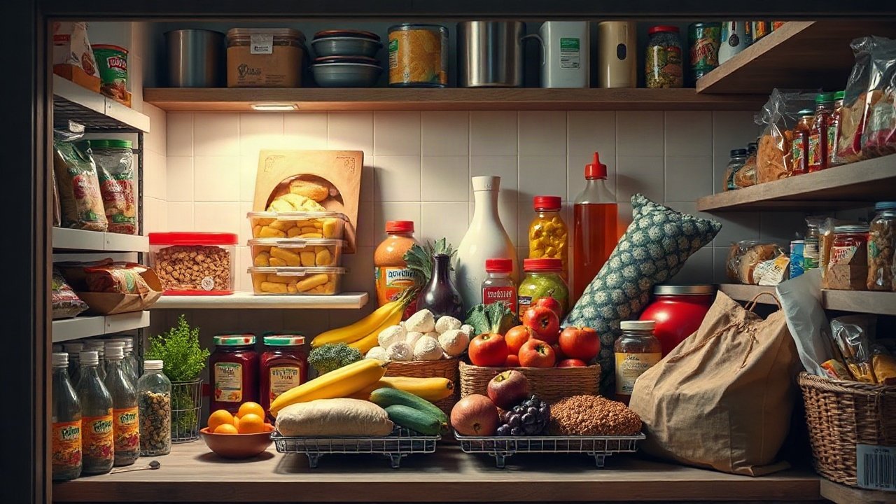 Emergency food storage in a small flat shown in a practical real-world risk or preparedness context