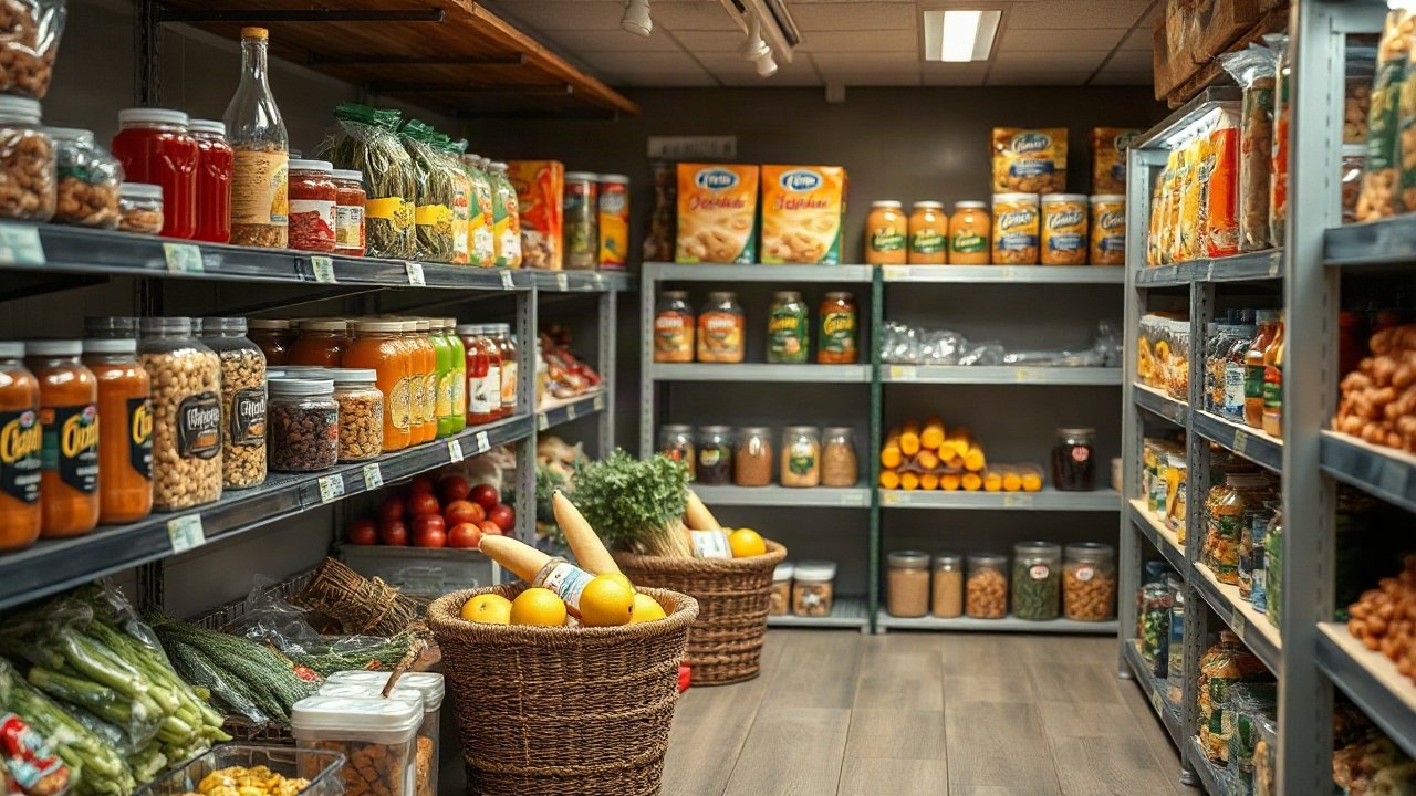Compact UK emergency food storage cupboard with labelled tins, dry foods and rotation system