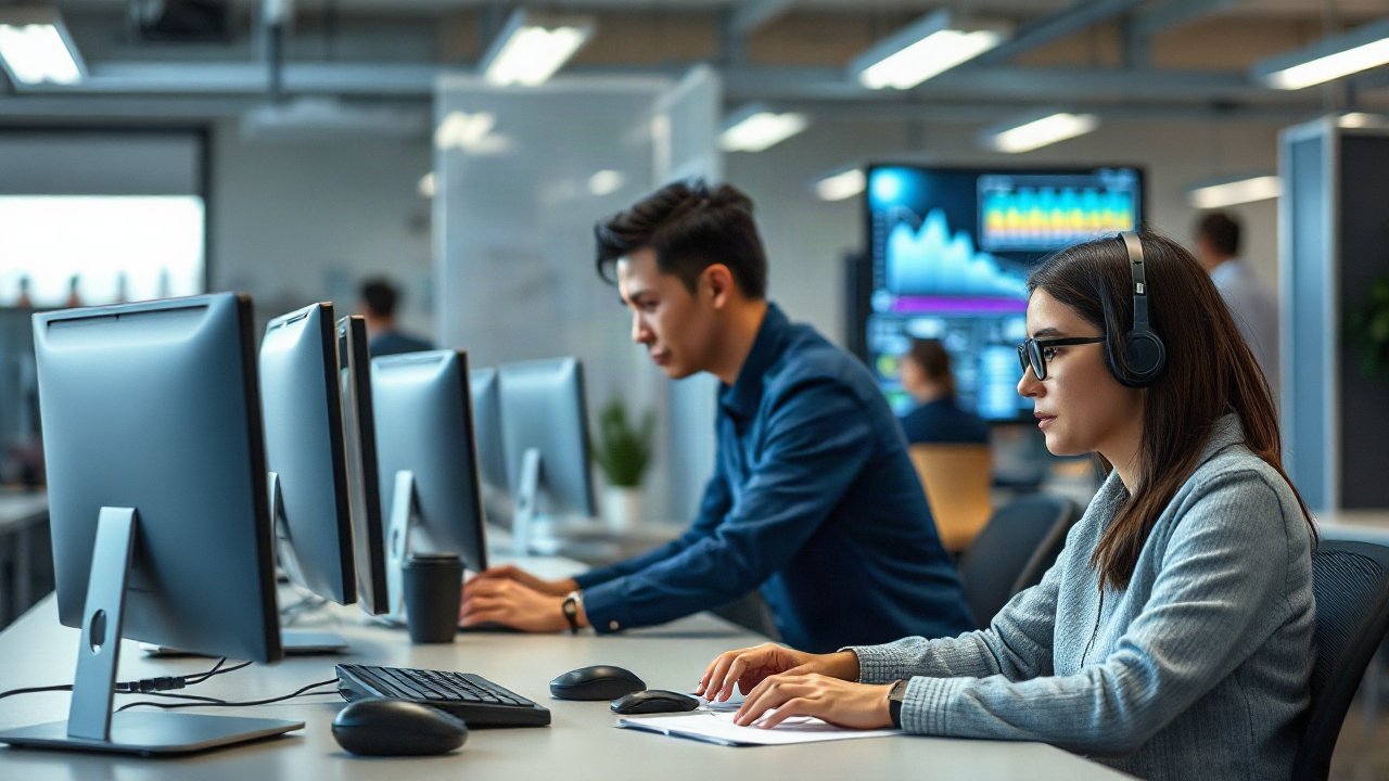 Administrative worker supervising AI-assisted scheduling, documents and office workflows