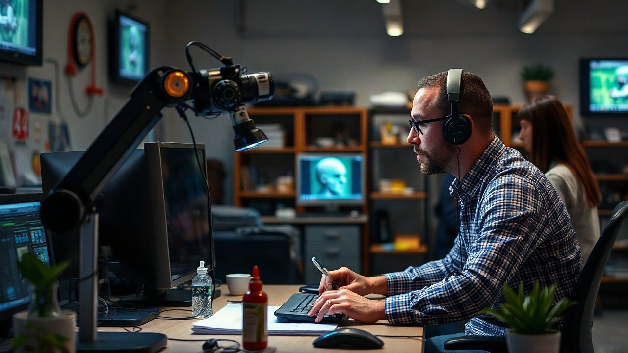 Animator directing a character performance while AI-assisted tools generate motion variations on studio monitors