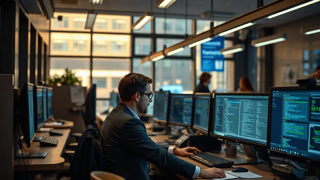 Bankers reviewing AI-assisted lending and risk analysis with client information