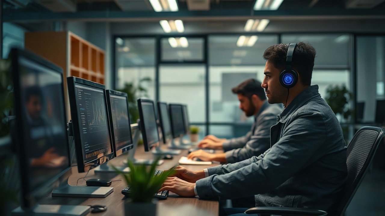 Banking professionals supervising AI-assisted risk, fraud and customer-service systems in a modern financial operations centre