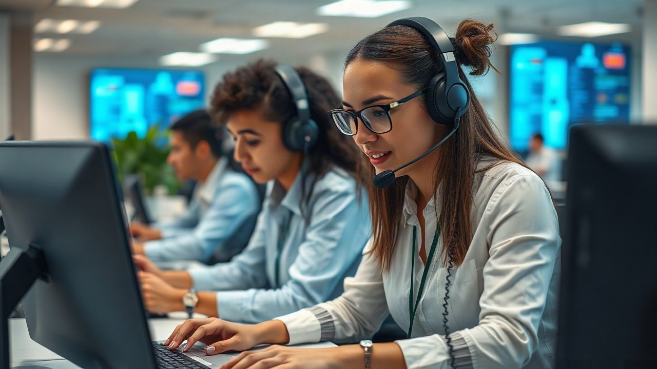 Business process outsourcing team supervising AI-assisted customer service and back-office workflows