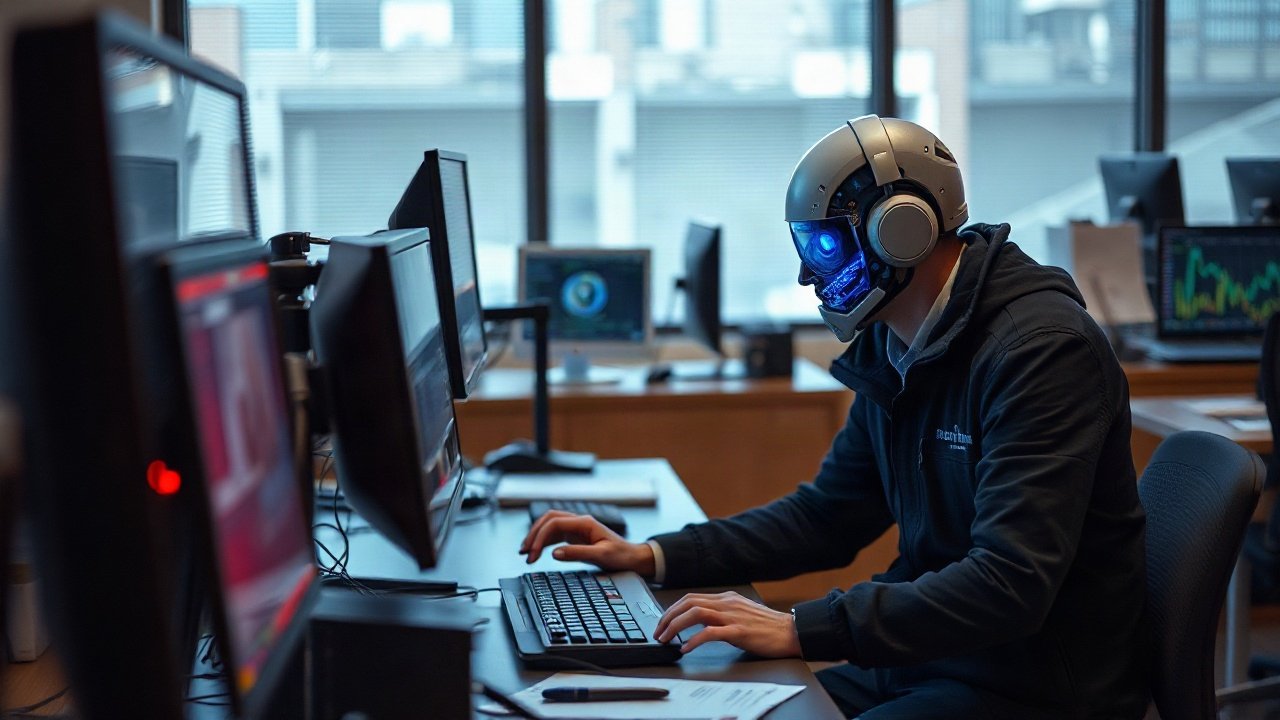 Cybersecurity analyst supervising AI threat detection alerts across a security operations centre