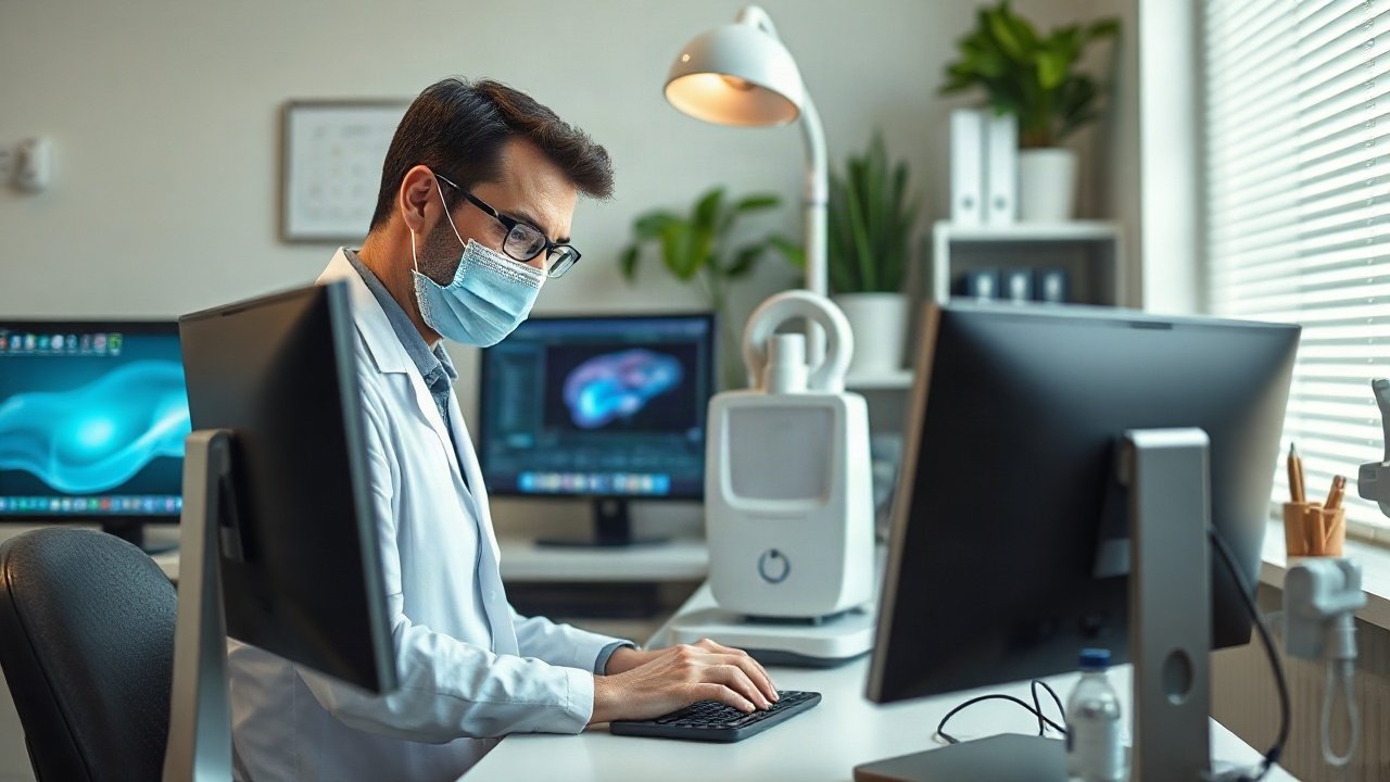Dentist reviewing an AI-assisted dental scan while examining a patient in a modern clinic