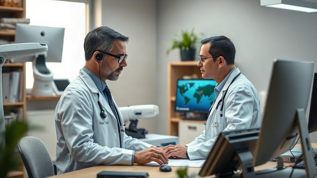 Doctor reviewing AI-supported clinical information while speaking with a patient