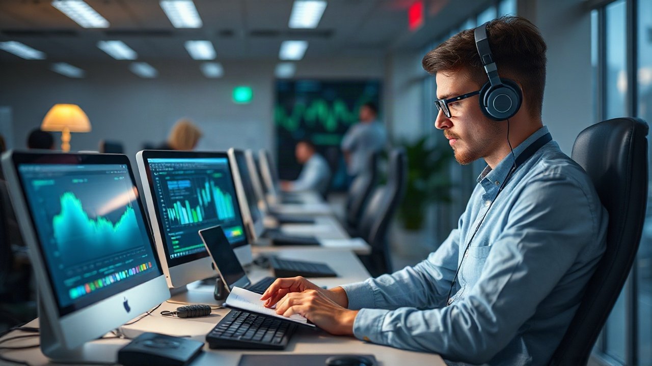Economist reviewing AI-assisted forecasts, economic indicators and policy scenarios on large analytical displays