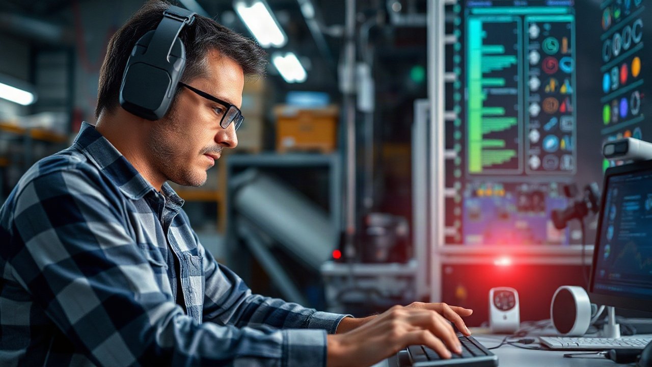 Electrical engineer checking AI-assisted power-system analysis beside switchgear and control equipment