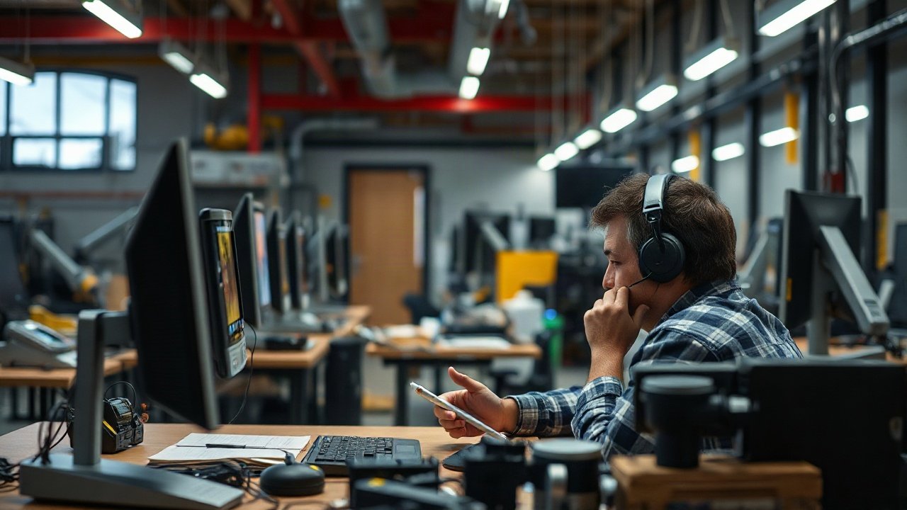 Engineers reviewing AI-assisted design and simulation beside physical test equipment