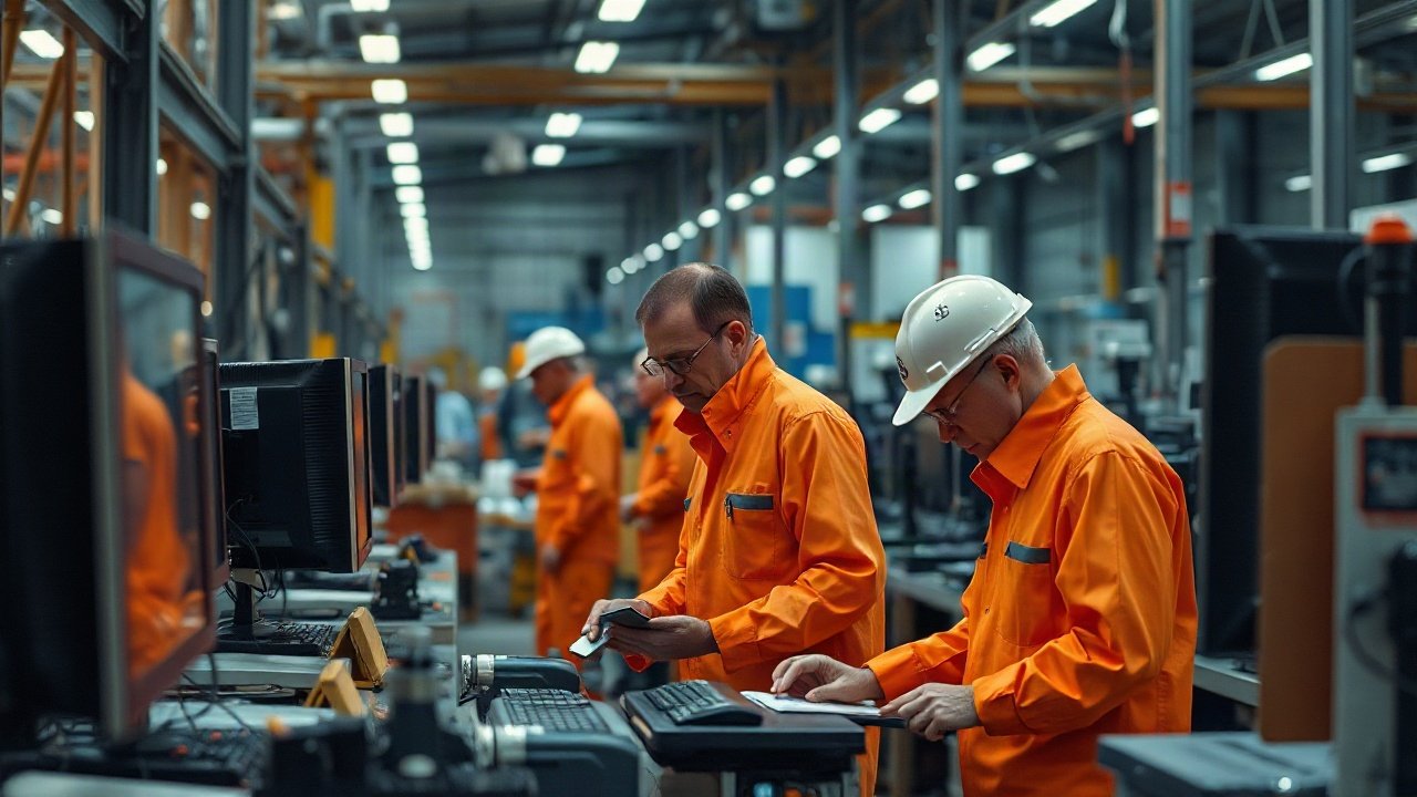 Factory Workers using AI-assisted tools while handling real-world work