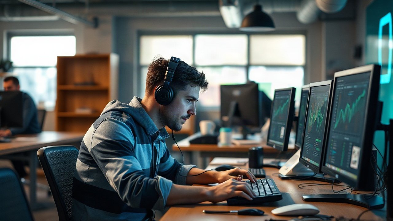 Game developer reviewing AI-assisted code, level design and character assets on multiple studio monitors