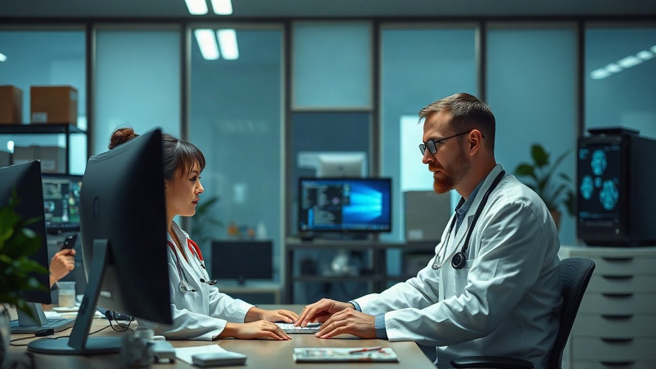 General practitioner reviewing AI-supported clinical information during a patient consultation