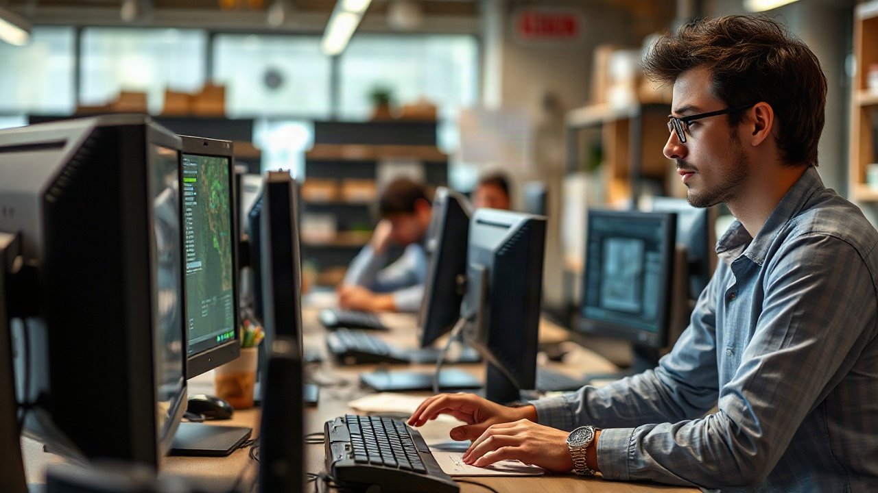 GIS analyst reviewing AI-generated spatial analysis over authoritative mapping and field data