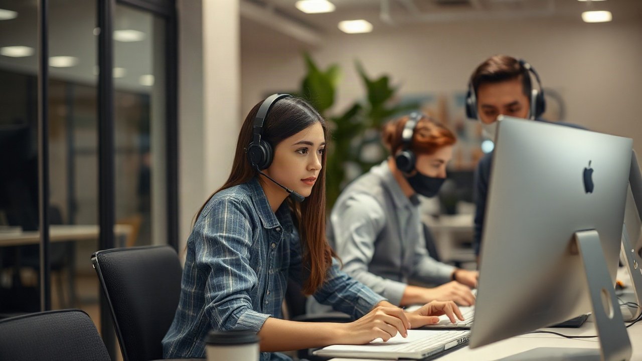 IT support specialist supervising AI help-desk automation while troubleshooting user devices and account issues