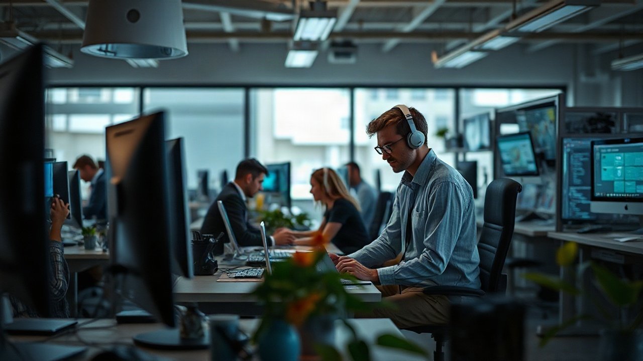 Knowledge workers using AI assistants for research, analysis and document work in an office