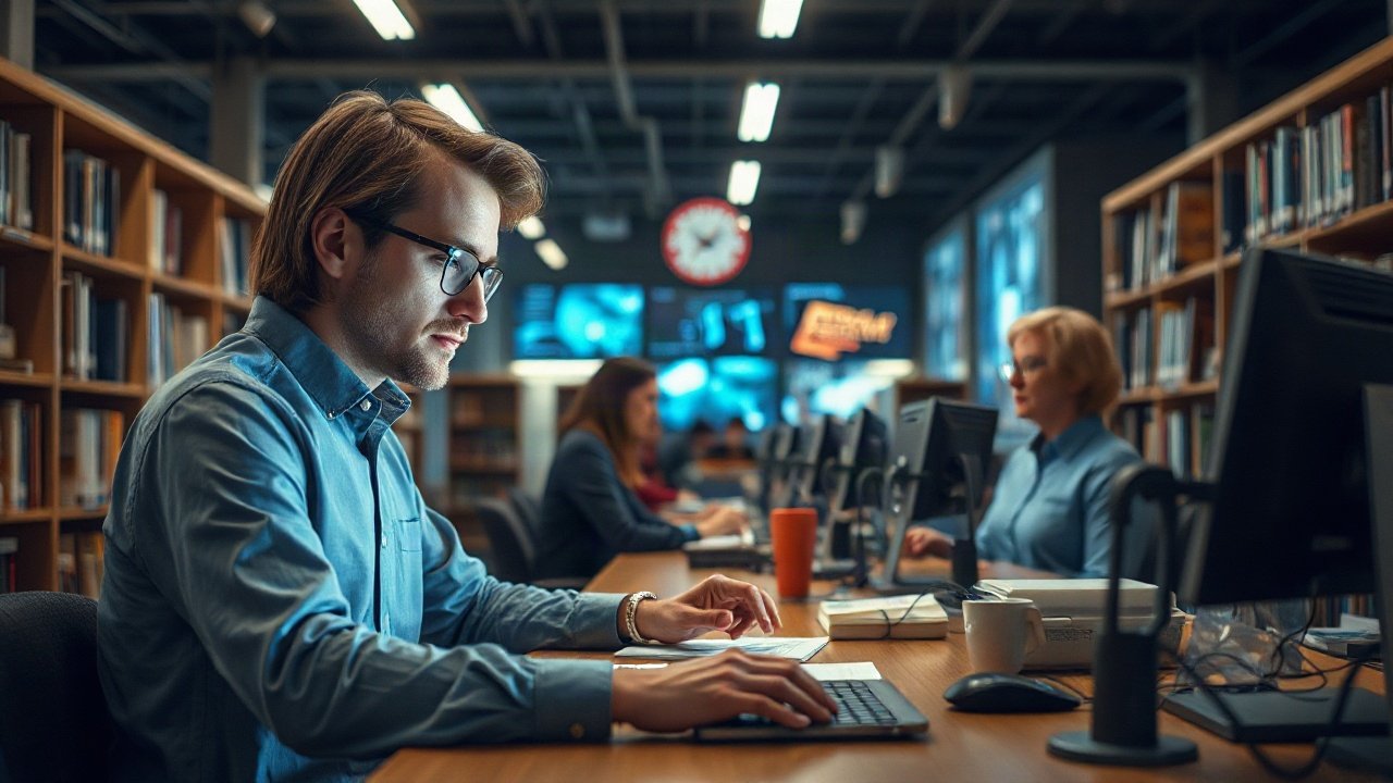 Librarian using AI-assisted discovery tools while helping a reader navigate trusted digital and physical sources