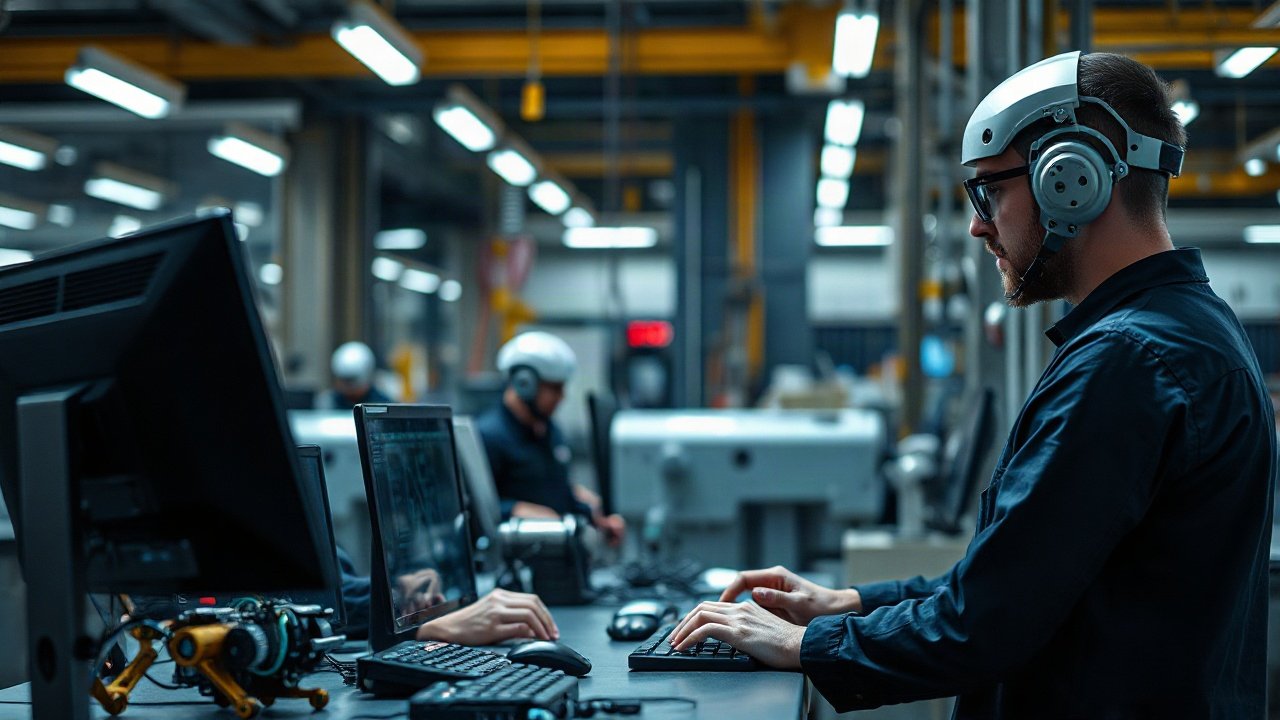 Mechanical engineer reviewing an AI-optimised machine design beside a physical prototype and test rig