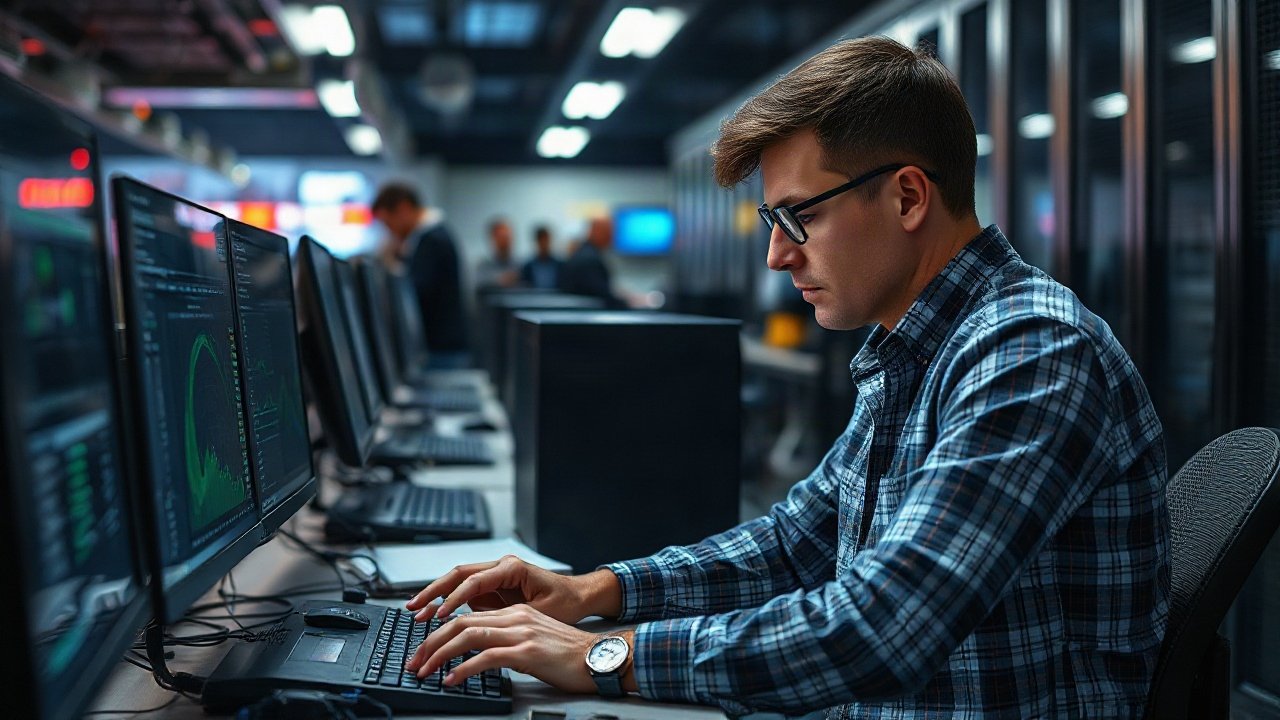 Network engineer reviewing AI-assisted topology, traffic and fault analysis across enterprise infrastructure