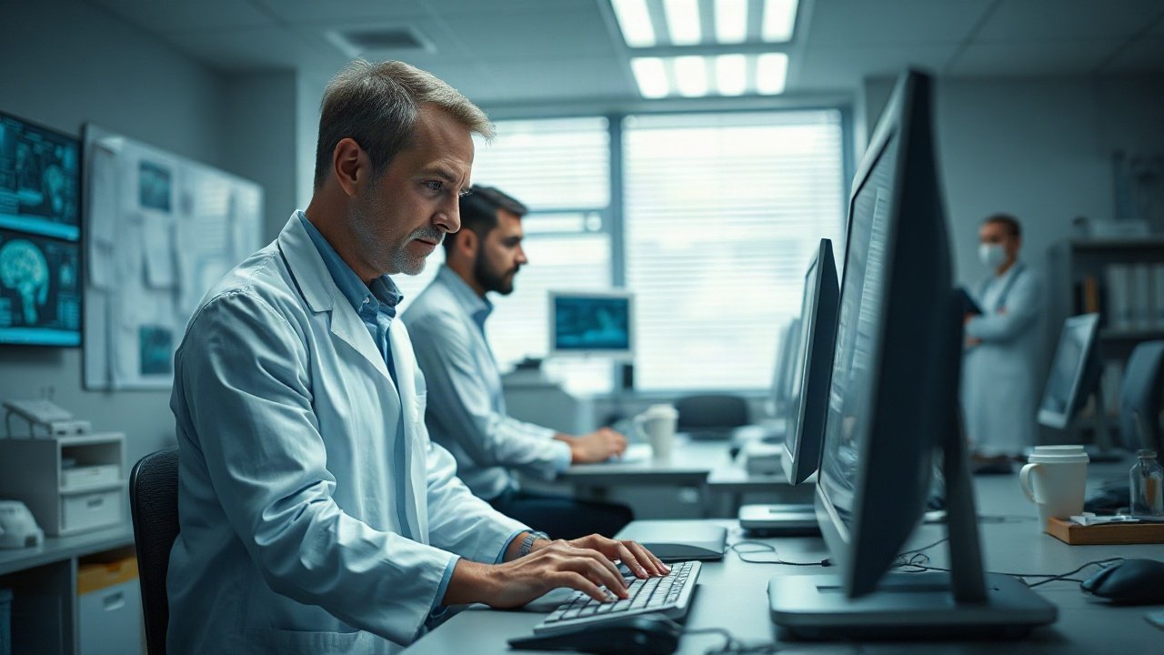 Neurologist reviewing AI-assisted brain imaging and neurological test data during a patient consultation
