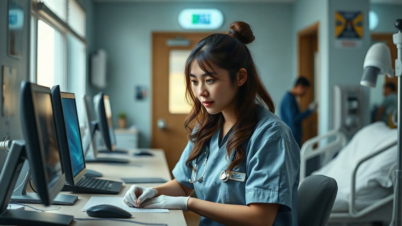 Nurse using an AI-supported patient record while providing hands-on bedside care