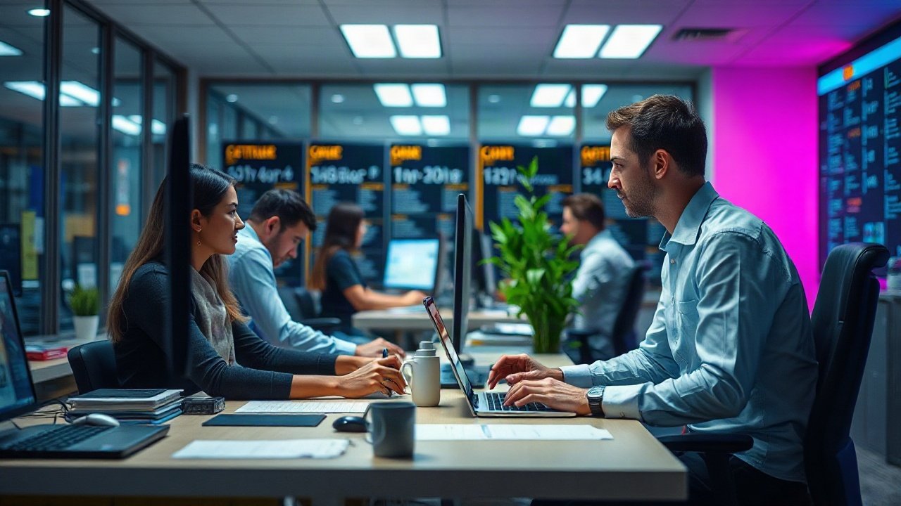 Office team using AI assistants for documents, analysis and scheduling while collaborating on decisions