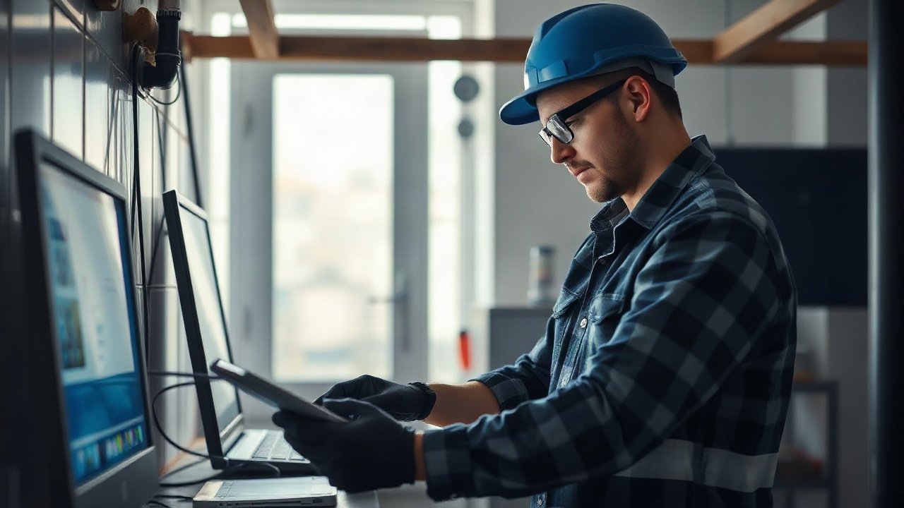 Plumber using a digital diagnostic tool while repairing pipework under a sink