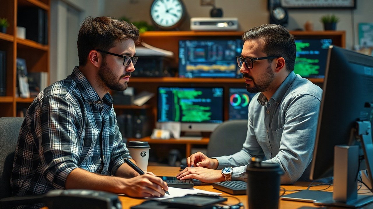 Programmer reviewing AI-generated code beside tests, architecture notes and production diagnostics