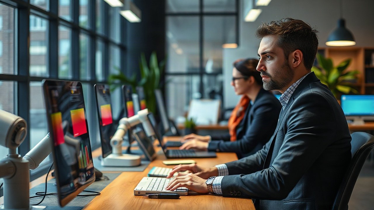 Project manager supervising an AI-assisted delivery dashboard and stakeholder plan