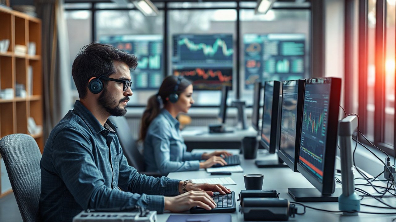 Quant researcher reviewing AI-generated trading signals, backtests and risk diagnostics