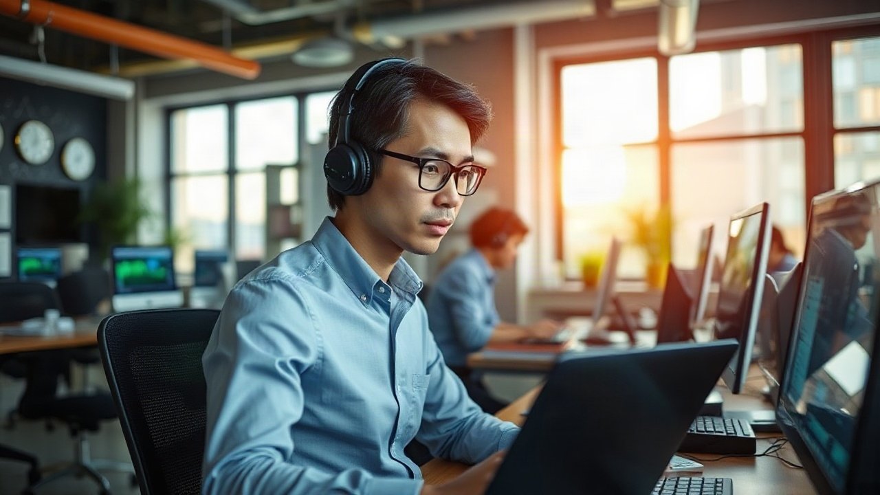 Quantitative analyst reviewing AI-generated market models and risk simulations across trading screens