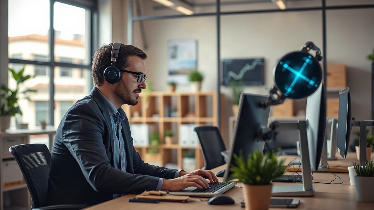 Estate agent reviewing AI-assisted property data while conducting a home viewing with buyers