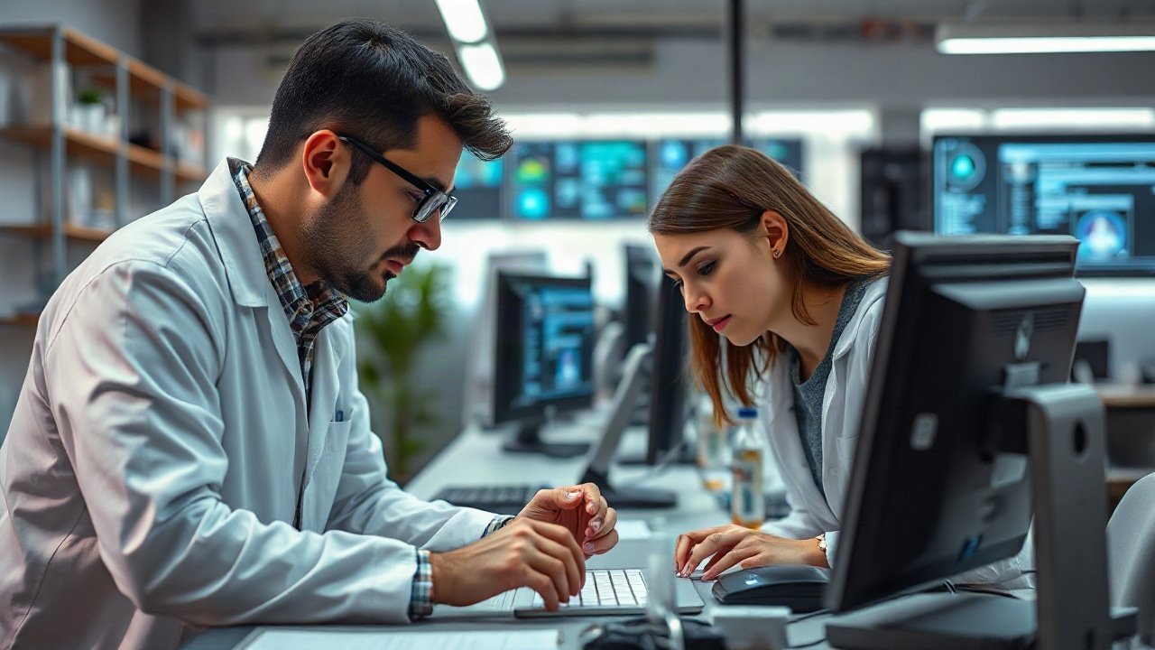 Scientist supervising AI-assisted modelling and automated experiments alongside laboratory equipment