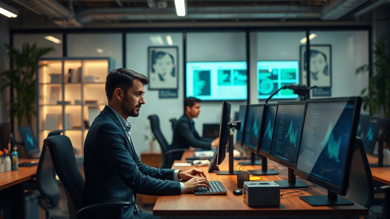 Tax accountant reviewing AI-assisted tax calculations and legislation beside client financial records
