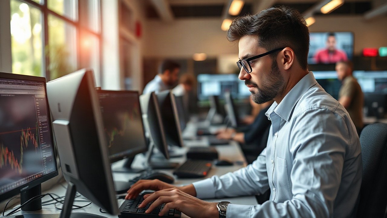 Trader supervising AI-assisted execution, market risk and live positions on financial screens