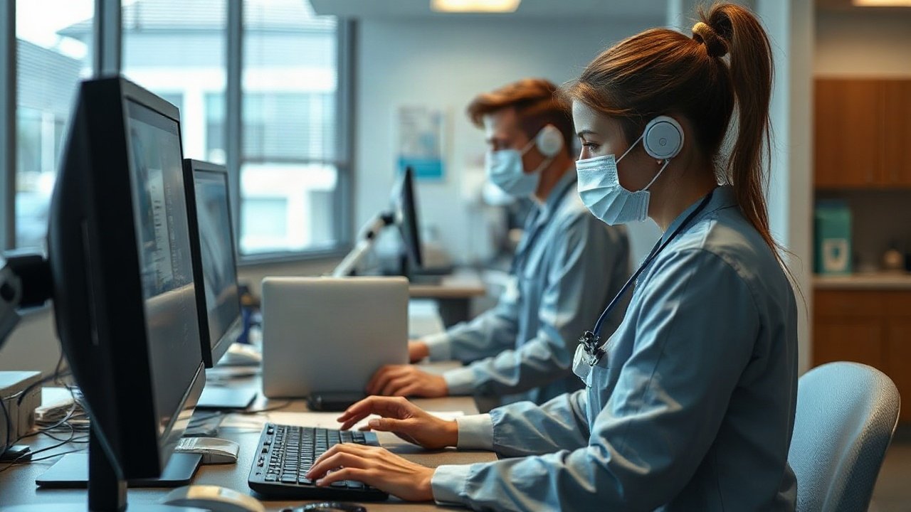 Utilization review nurse comparing AI-assisted criteria checks with patient records and clinical notes