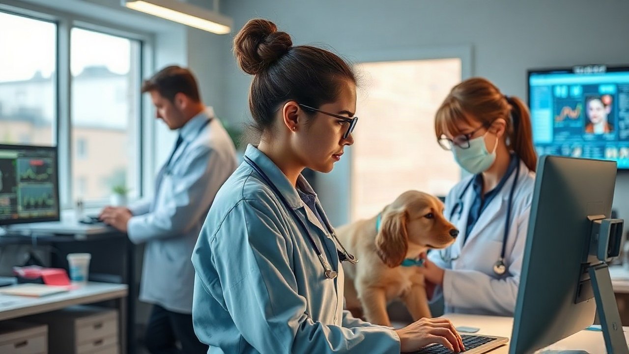 Veterinarian reviewing AI-assisted imaging while examining an animal in a clinical setting