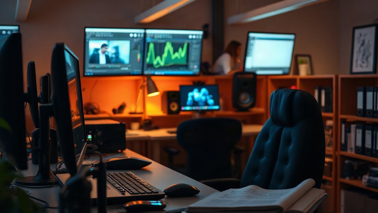 Video editor reviewing AI-generated rough cuts alongside timeline, audio and story notes