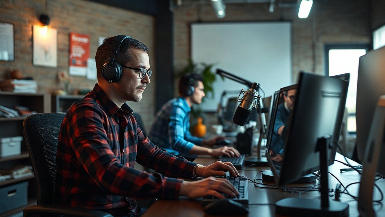 Voice-over artist recording in a studio while synthetic voice tools are displayed on a production screen