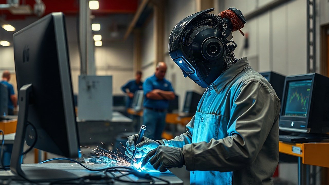 Welder working beside an automated robotic welding cell in a fabrication workshop